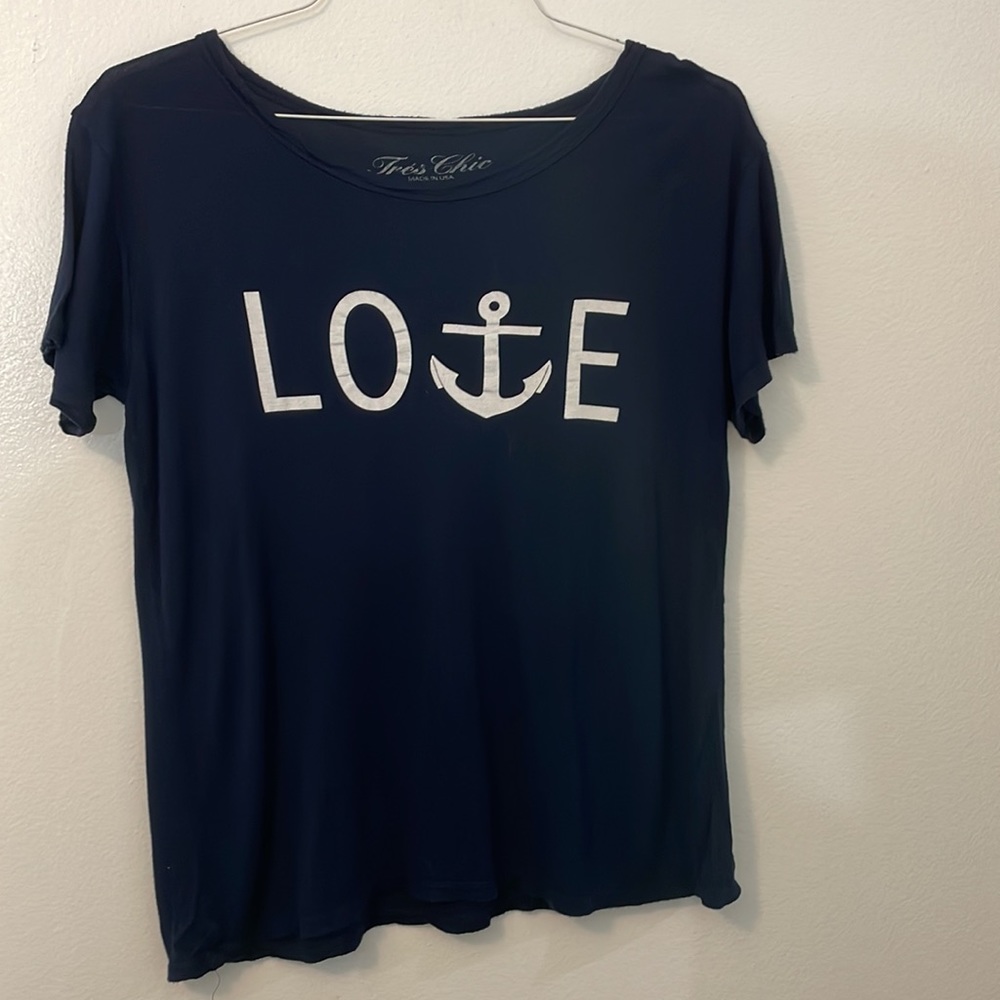 Tres Chic medium blue love t shirt 100% rayon made in USA nautical Anchor